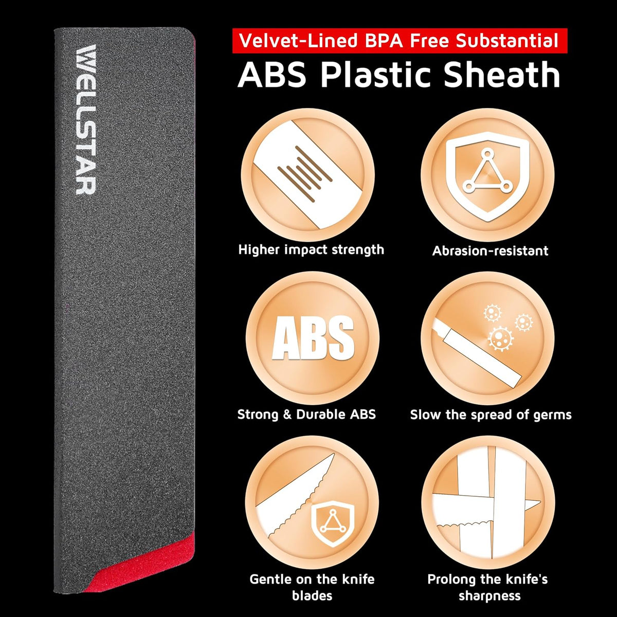WELLSTAR Knife Edge Guards 8 Inch, Universal Blade Covers, BPA Free ABS Protective Blade Sheaths, Non-Scratch Felt Lining Kitchen Knives Covers (Knives not included)