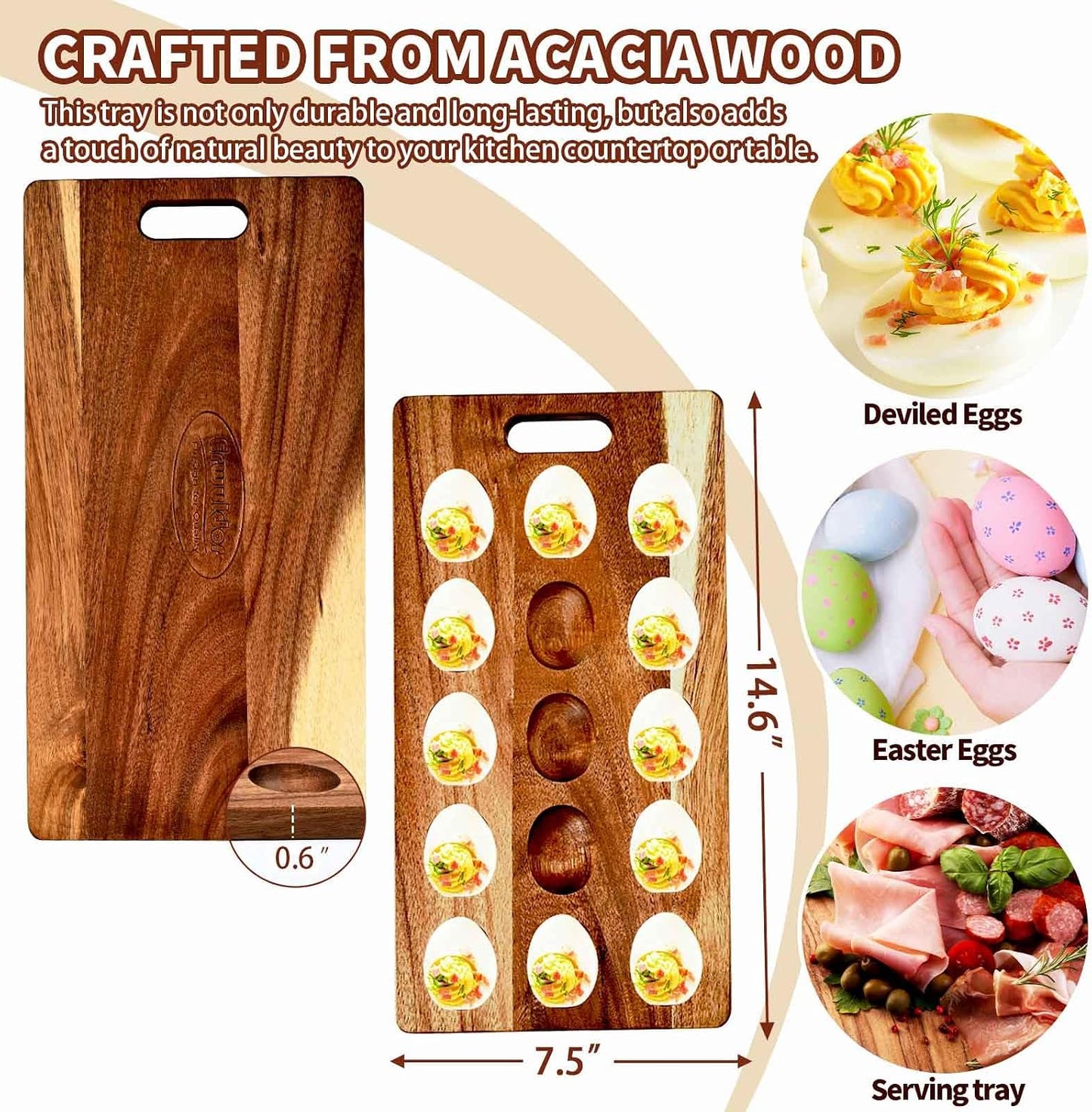 2-Pack 24 Holes Deviled Egg Platter,Acacia Wooden Round Deviled Egg Charcuterie Board Tray Holder Carrier with Handle for Kitchen Countertops