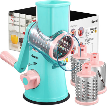 Geedel Rotary Cheese Grater, Kitchen Mandoline Vegetable Slicer with 3 Interchangeable Blades, Easy to Clean Rotary Grater Slicer for Cheese, Vegetables, Nuts