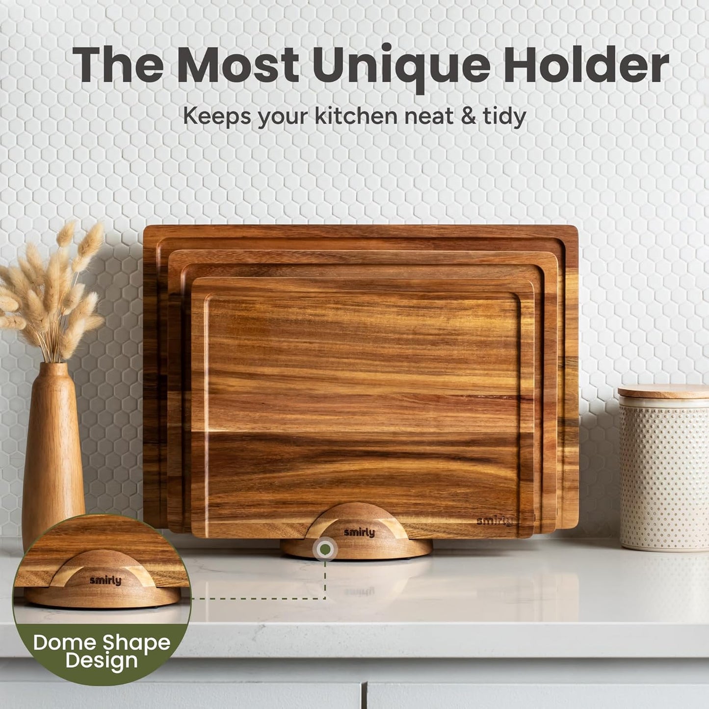SMIRLY Walnut Cutting Board for Kitchen - Wood Cutting Boards with Handle and Juice Groove for Meal Prep, Serving, Charcuterie - Kitchen Gadgets - Non Toxic Wooden Chopping Board Set of 3 with Holder