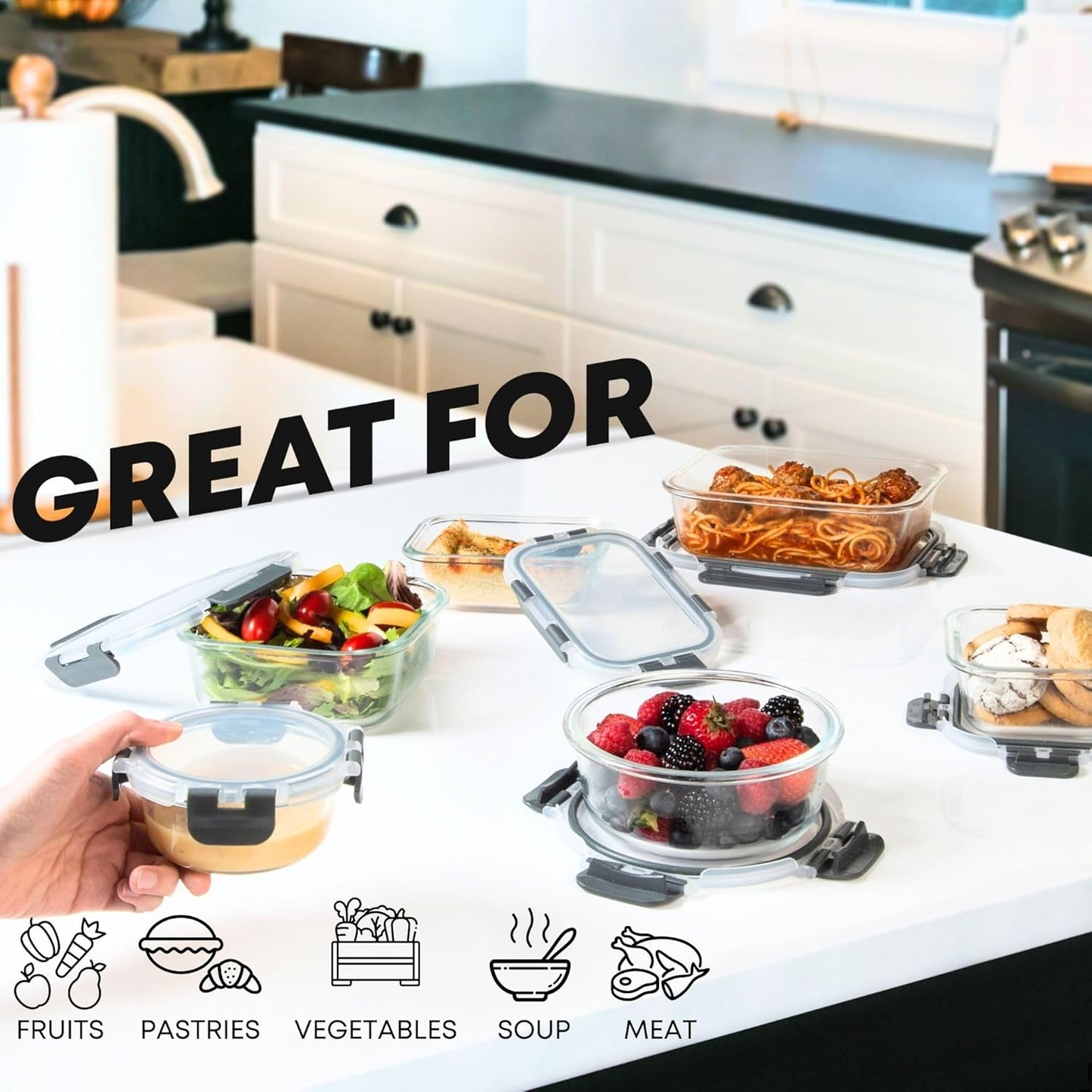 Razab 30 PC Glass Food Storage Containers with Lids - Reusable Glass Meal Prep Containers for Lunch and Leftovers - Airtight & Leakproof Snap Locking Lids - Oven, Freezer, Microwave, Dishwasher Safe