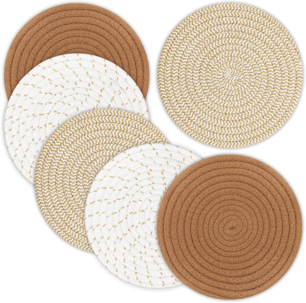 Trivets for Hot Dishes, Pots and Pans, 8 Inches Hot Pads 5 Pcs, Pot Holders for Kitchen, Heat Resistant Mat Protect Counter, Coasters Set Home Essentials Farmhouse Decor (Brown)