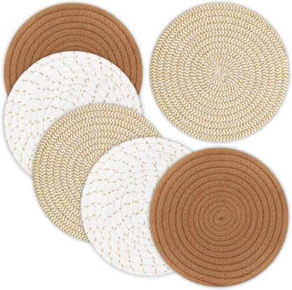 Trivets for Hot Dishes, Pots and Pans, 8 Inches Hot Pads 5 Pcs, Pot Holders for Kitchen, Heat Resistant Mat Protect Counter, Coasters Set Home Essentials Farmhouse Decor (Brown)