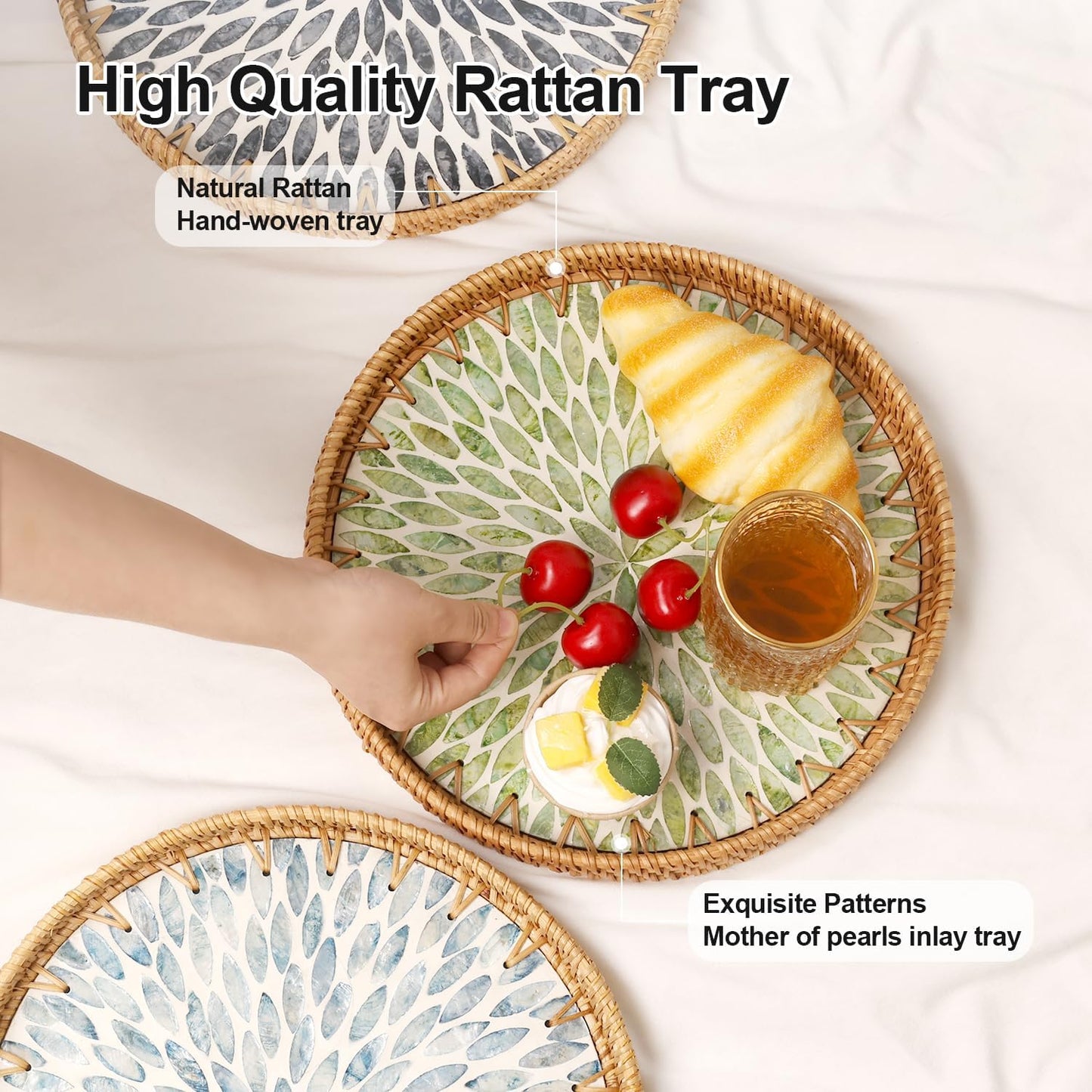 Round Rattan Tray with Mother of Pearl Inlay, Rattan Serving Tray for Coffee, Bread, Fruits, Decorative Wicker Tray for Table Decor, Home Decor, Kitchen Island Decor(Black Checkerboard, 11.8")