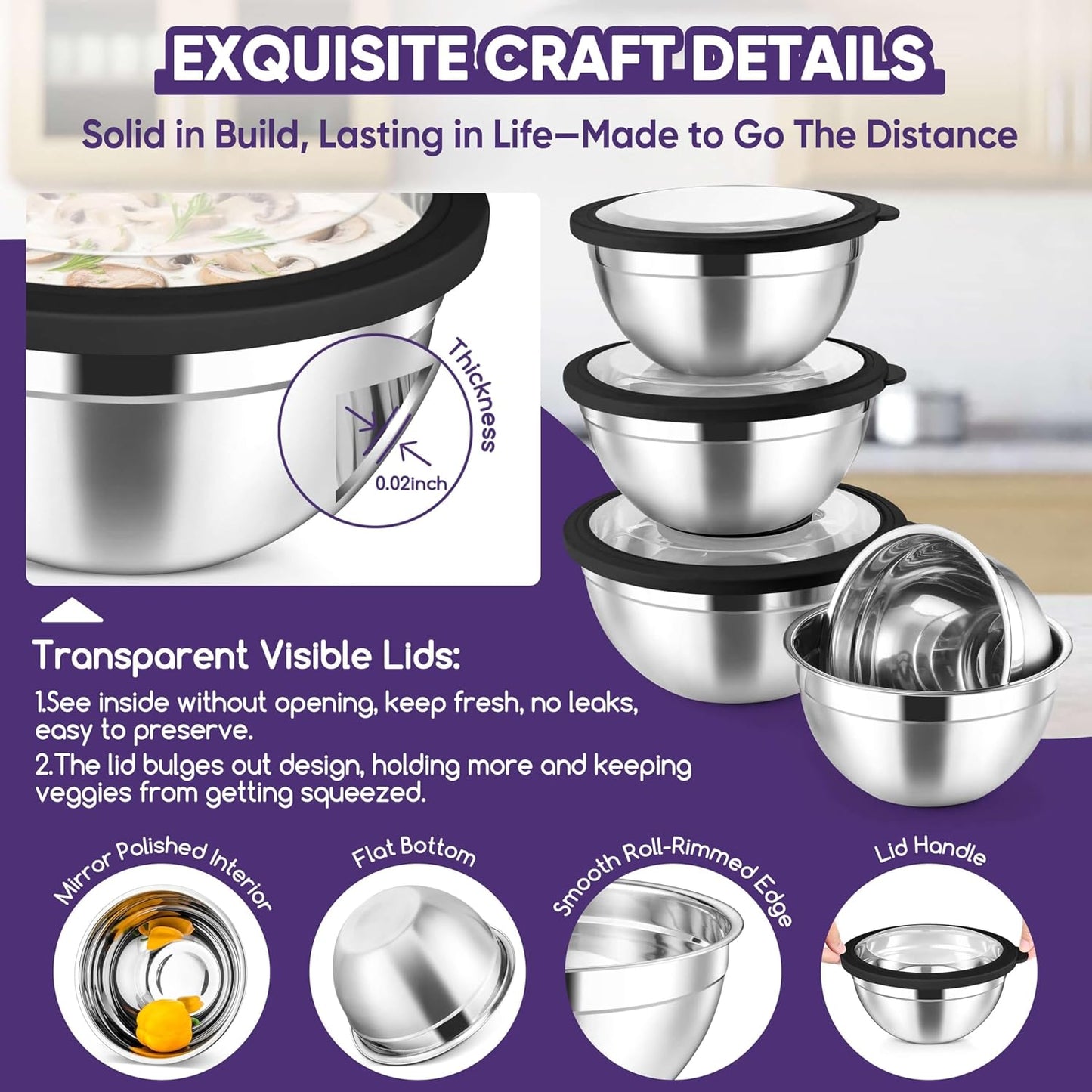 Herogo 5-Piece Mixing Bowls with Airtight Lids, 3 Grater Attachments, Stainless Steel Salad Serving Bowls for Kitchen, Size 4.6, 3.5, 2.5, 2, 1.5QT Ideal for Prepping & Cooking, Black