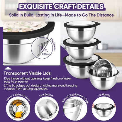 Herogo 5-Piece Mixing Bowls with Airtight Lids, 3 Grater Attachments, Stainless Steel Salad Serving Bowls for Kitchen, Size 4.6, 3.5, 2.5, 2, 1.5QT Ideal for Prepping & Cooking, Black