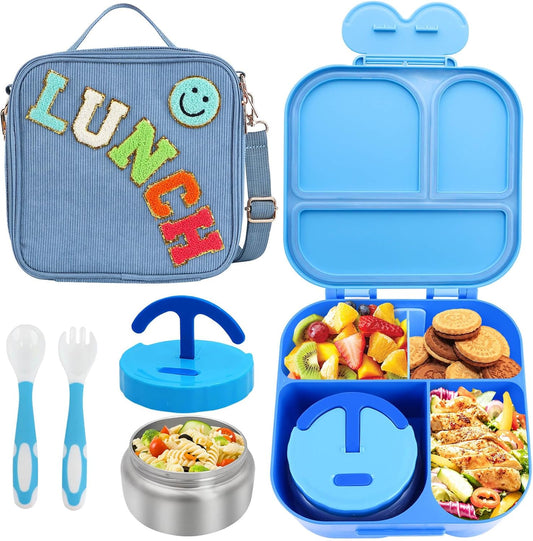 Lunch Box with Bento Box with 4 Compartment, with Leak Proof Thermo Food Jar, Preppy Corduroy Insulated Lunch Bag for Womens Girl Kids Teens School Travel Picnic (Purple)