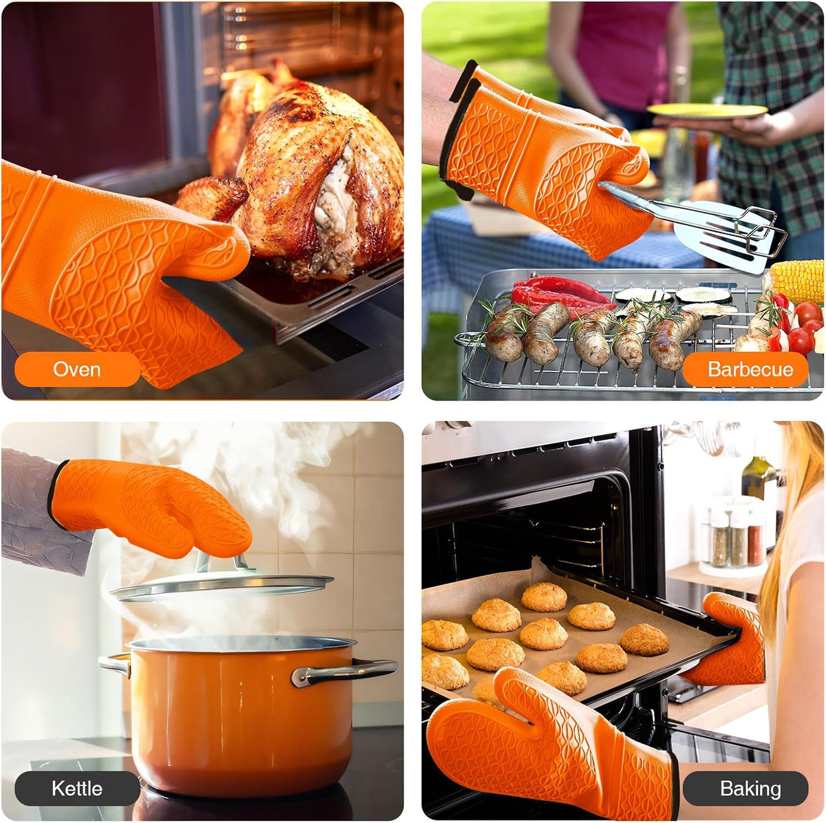 Silicone Oven Mitts, Heat Resistant 2PCS Oven Mitts with Soft Cotton Lining, Waterproof Non-Slip Grip Oven Glove, Kitchen Potholder Mits for BBQ, Baking, Cooking, 12.5 Inch - Grey