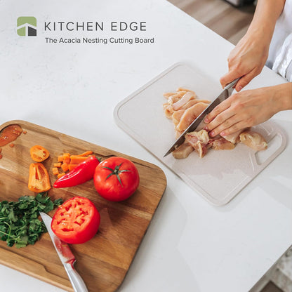 KitchenEdge Premium Acacia Cutting Board with Nesting Rice Fiber Chopping Board for Cooking Prep, 2 Piece Kitchen Set, Non-Slip Feet with Juice Groove, Heavy Duty, Pre Oiled, 17” x 12.5”