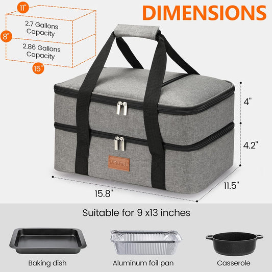 Lunch Bag Insulated Thermal Food Carrier Insulated Double Decker Casserole Carrier for Hot or Cold Food,Insulated Tote Bag for Potluck Cookouts Picnic,Lasagna Holder,Fits 9"x13" Baking Pan,Gray
