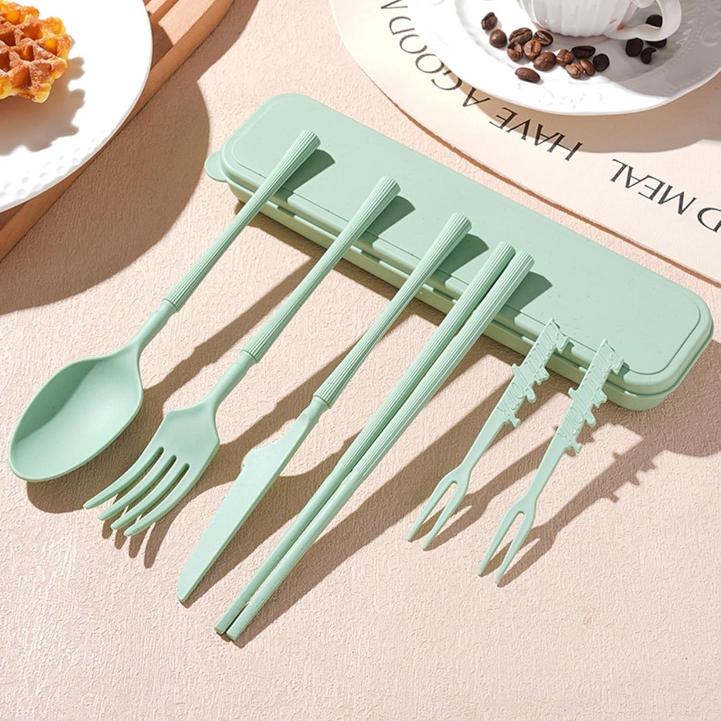 Reusable Travel Utensils Set with Case, Wheat Straw Portable Plastic Fork Spoon Knife Chopsticks Camping Cutlery, Eco-Friendly BPA Free Tableware Picnic Flatware for Kids Adults or Daily Use (Pink)