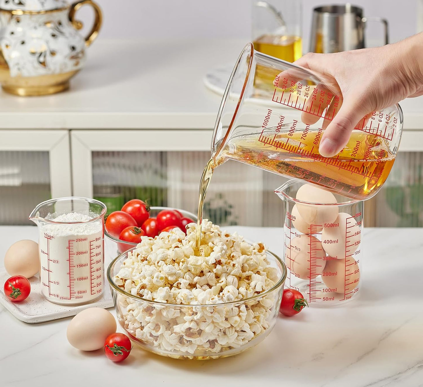 3 Piece Glass Measuring Cup Set, Includes 1/2-Cup, 1-Cup, and 2-Cup High Borosilicate Glasss Liquid Measuring Cups, Dishwasher, Freezer, Microwave, and Preheated Oven Safe, Essential Kitchen Tools