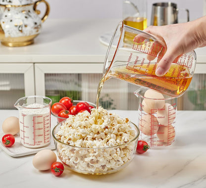 3 Piece Glass Measuring Cup Set, Includes 1/2-Cup, 1-Cup, and 2-Cup High Borosilicate Glasss Liquid Measuring Cups, Dishwasher, Freezer, Microwave, and Preheated Oven Safe, Essential Kitchen Tools
