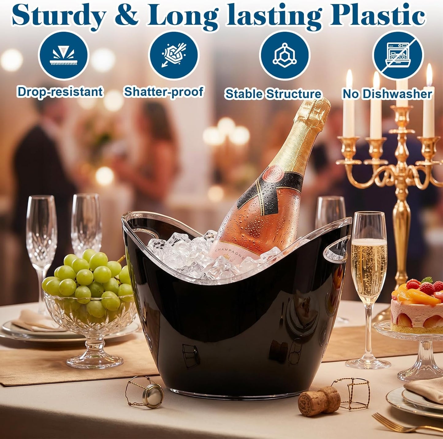 Yesland Ice Bucket, 3.5 L Black Plastic Party Bottle Chiller - 10.5 x 8 x 7-3/4 Inch Ice Beverage/Storage Tub - Perfect for Wine, Champagne or Beer Bottles