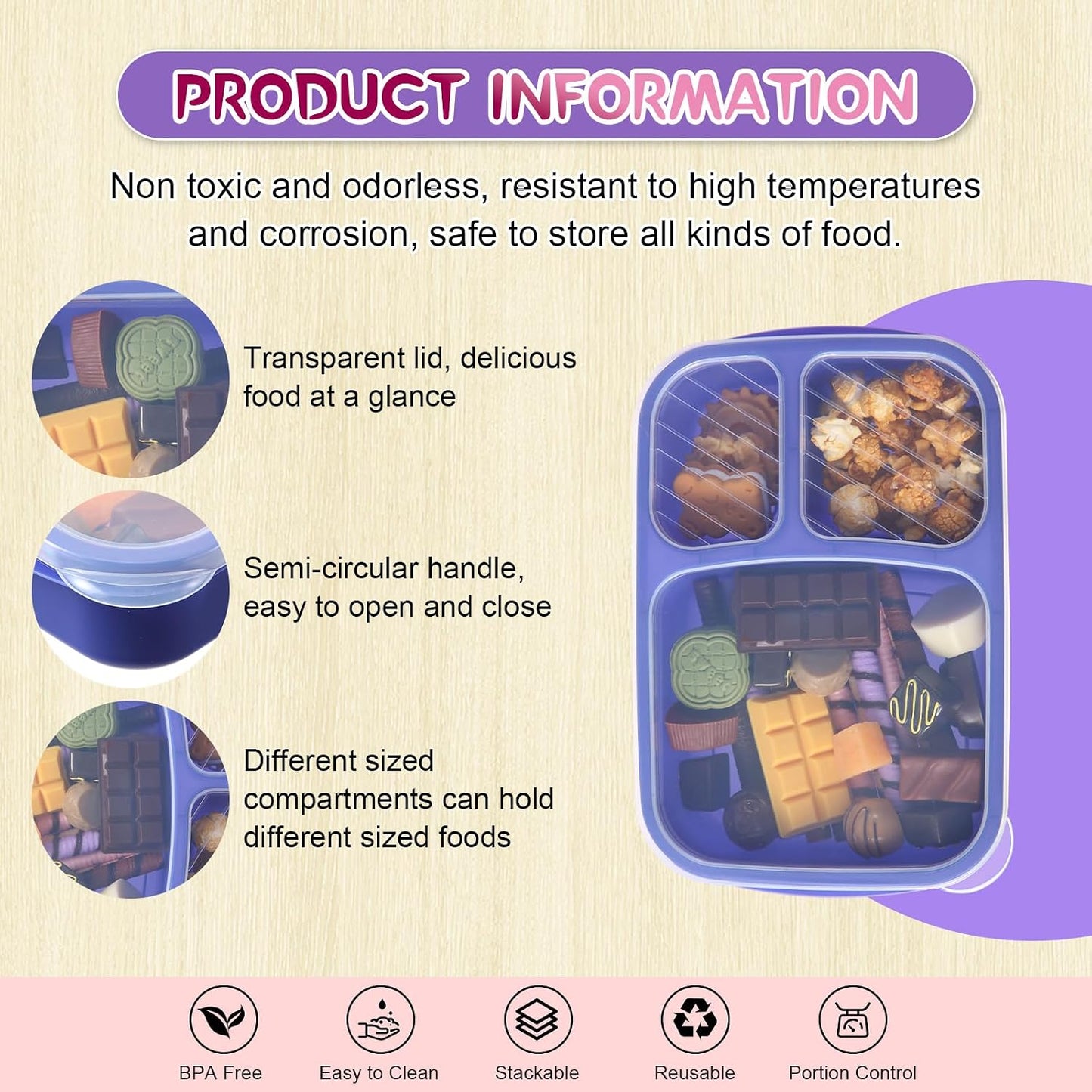 Honeydak 5 Pack Snack Containers 3 Compartment Bento Snack Boxes Divided Meal Prep Containers with Lids Reusable Adults Lunch Food Storage Box for School Work Travel(Elderberry)