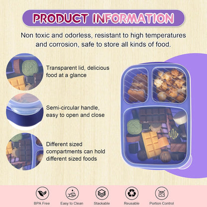 Honeydak 5 Pack Snack Containers 3 Compartment Bento Snack Boxes Divided Meal Prep Containers with Lids Reusable Adults Lunch Food Storage Box for School Work Travel(Elderberry)
