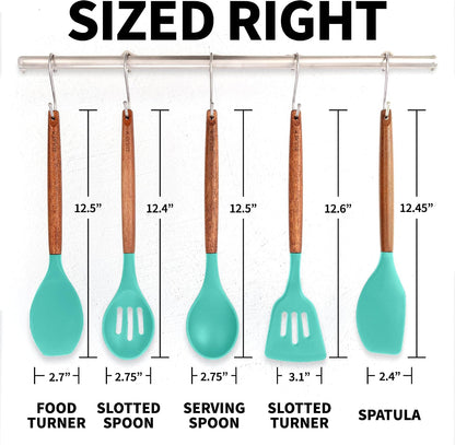 Zulay Kitchen Utensils Set Non-Stick Silicone Cooking Utensils Set with Authentic Acacia Wood Handles - 5 Piece Silicone Utensil Set - Kitchen Utensils Set with 464°F Heat Resistance - Gray