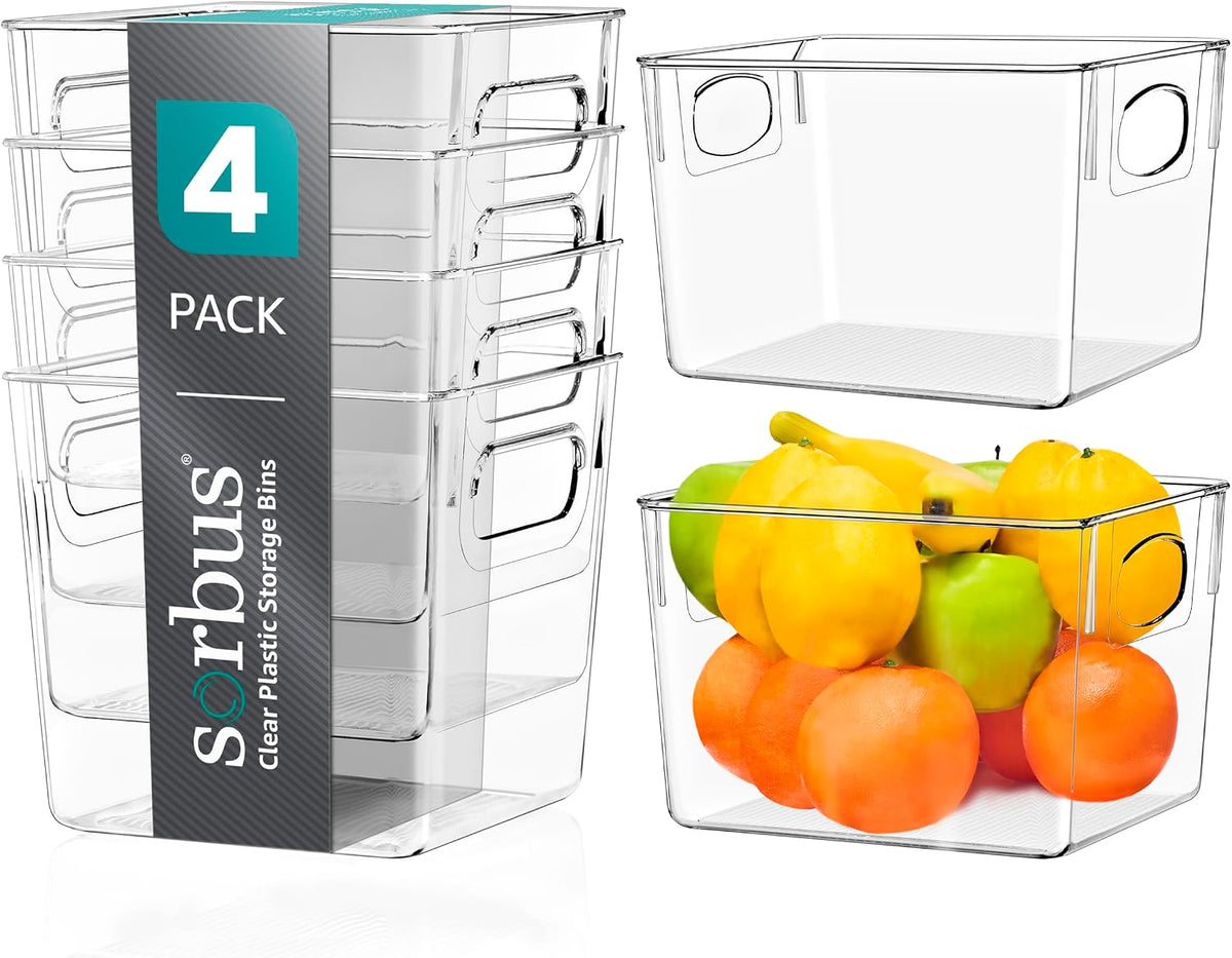 Sorbus Large Clear Plastic Storage Bins for Shelves, Clothes, with Handle - Clear Storage Bins, Drawer, Shelf, Closet, Pantry, Fridge, Freezer Organizer Bins, Closet Organizers and Storage (4 pack)
