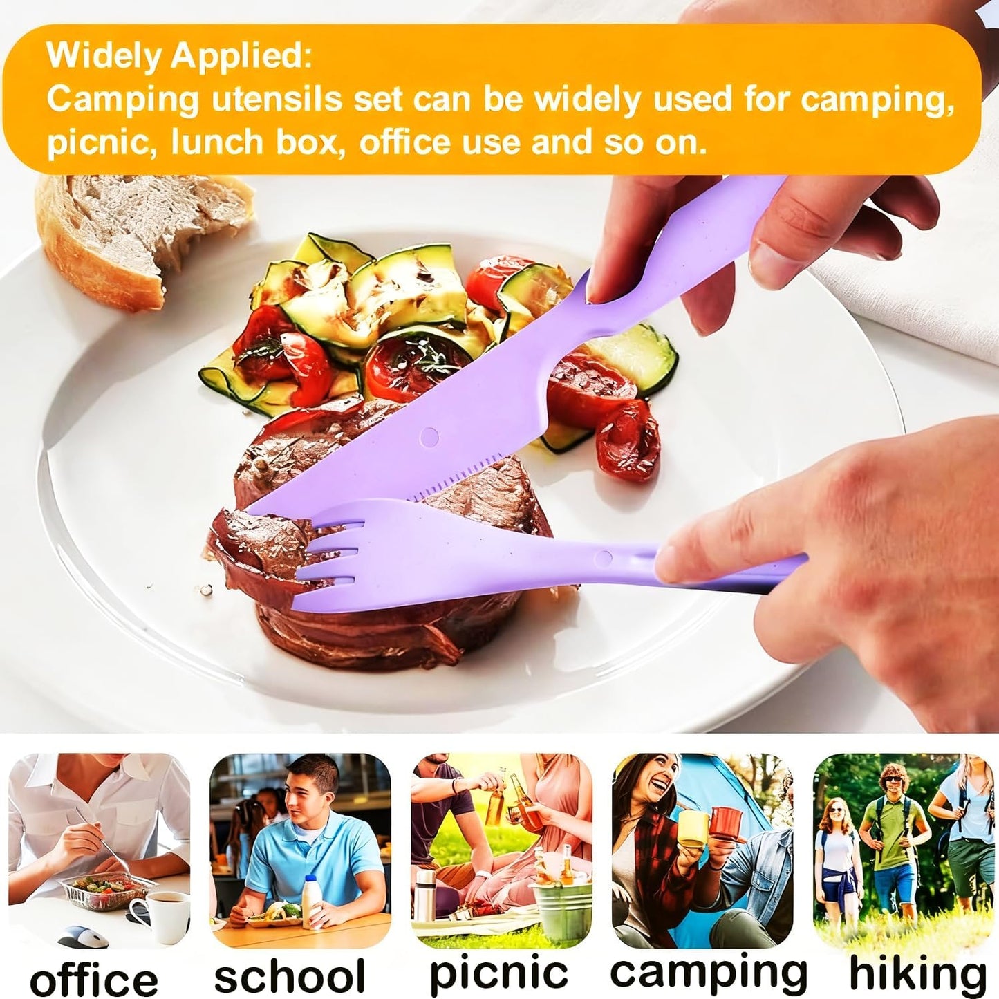 Travel Utensils Set - Reusable 5 Sets Wheat Straw Plastic Cutlery with Case, Portable Forks Spoons and Knives Set, Eco-Friendly BPA Free for Daily Use (5 Purple)