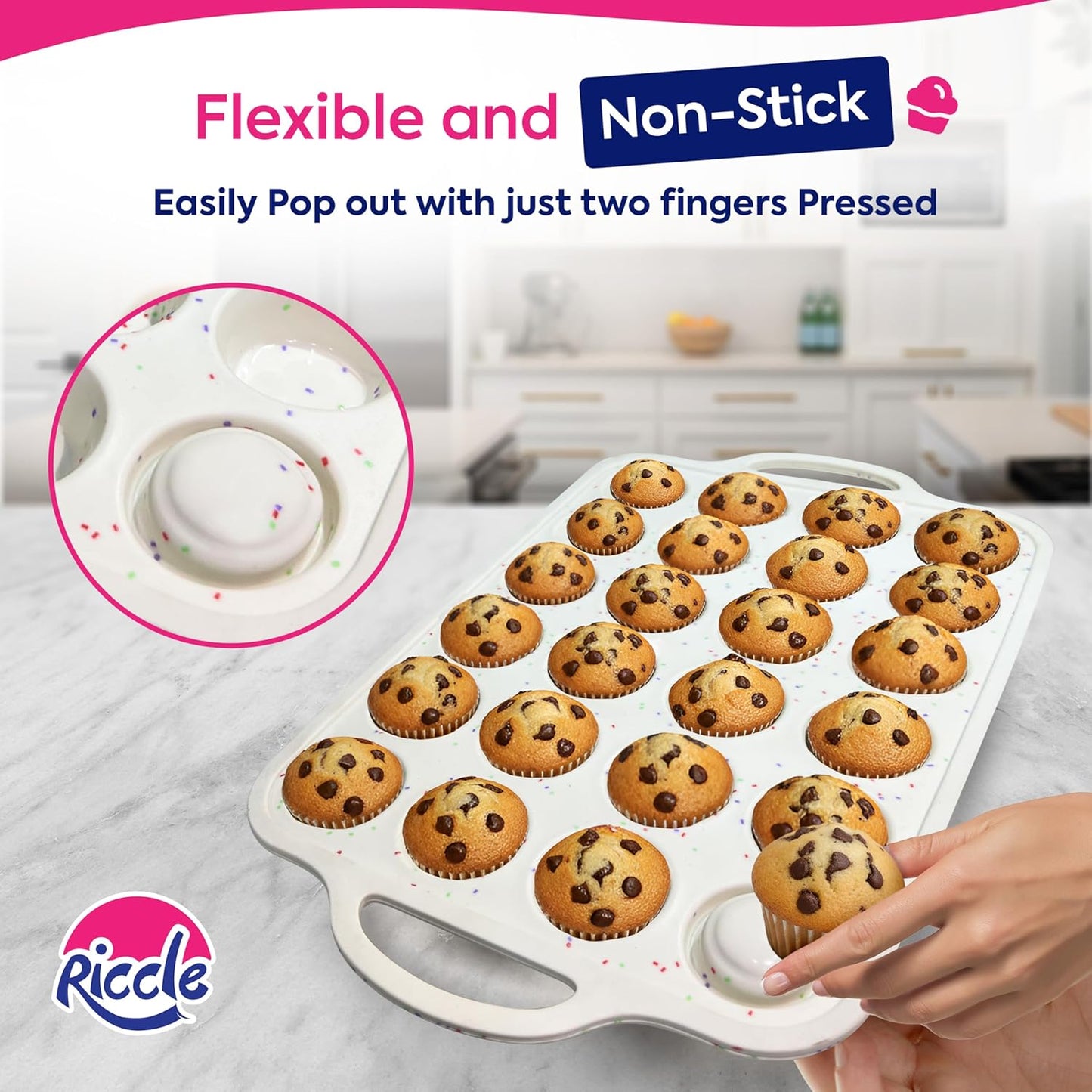 RICCLE 2 Pack Silicone Muffin Pans for Baking with Metal Reinforced Frame - Regular 12 Cup Silicone Muffin Pan & 24 Cup Mini Cupcake Pans - Silicone Cupcake Pan Set - Oven & Dishwasher Safe, BPA-Free