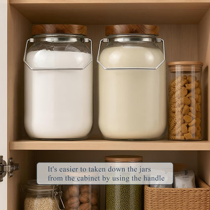 2 Pack Glass Flour Sugar Storage Containers with Handle, 1 Gallon Glass Jars with Airtight Lid, Wide Mouth Large Mason Jars 128oz for Rice, Pasta, Oats, Coffee Storage