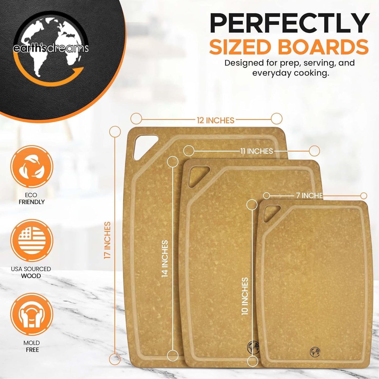 Earth's Dreams Composite Wood Cutting Board Set of 3 – Built In Juice Groove, Dishwasher Safe,Cutting Boards for Kitchen – Large, Medium & Small Non-Slip Wood Charcuterie & Chopping Boards (Tan/Black)