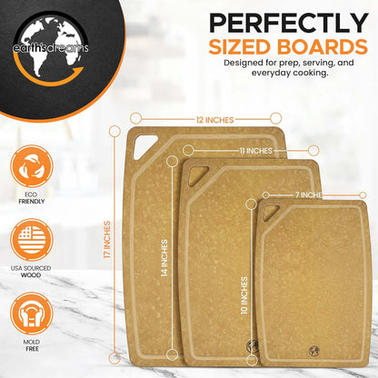 Earth's Dreams Composite Wood Cutting Board Set of 3 – Built In Juice Groove, Dishwasher Safe,Cutting Boards for Kitchen – Large, Medium & Small Non-Slip Wood Charcuterie & Chopping Boards (Tan/Black)