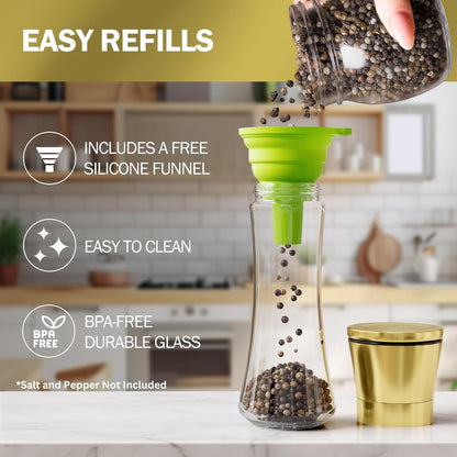 Home EC Premium Stainless Steel Sea Salt and Pepper Grinder Set of 2 - Adjustable Ceramic - Tall Glass Salt and Pepper Shakers - Kitchen Spice Mill W/Funnel & EBook