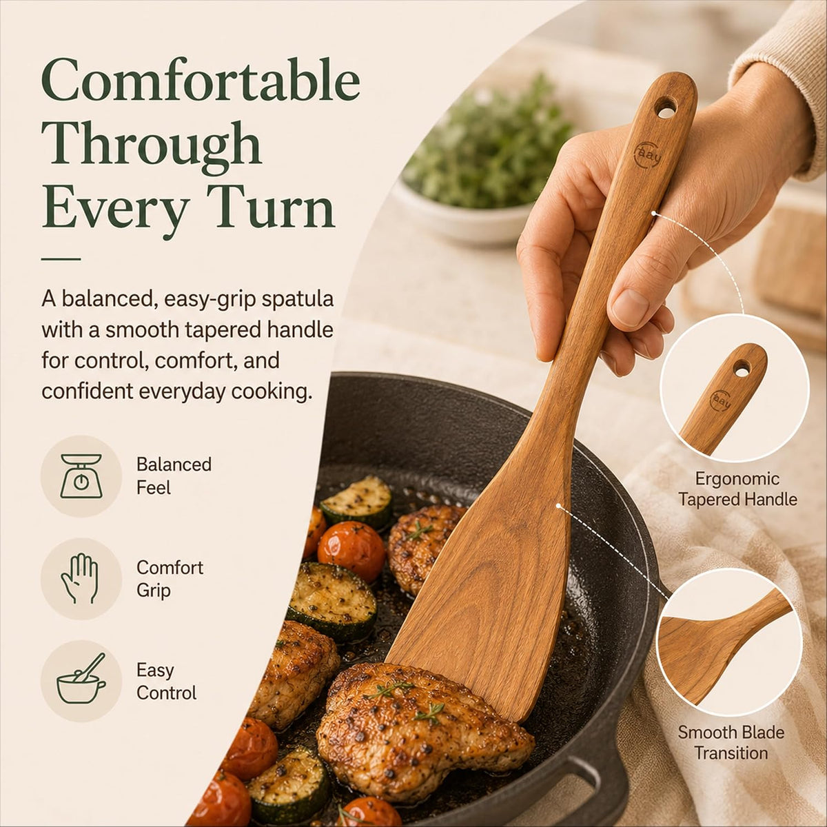 FAAY 13.5" Right-Hand Teak Spatula for Wok - Extra Wide 3.15" Head, Thin Edge Turner for Nonstick Pans, Coconut Oil Finish, Thai Handcrafted Wood