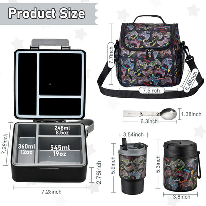 Bento Lunch Box for Kids with 17oz Soup Thermo,Insulated Tumbler Water Bottle and Insulated Lunch Bag,Leak-Proof 3 Compartment Lunch Food Container with Ice Pack for Kids to School-Horse