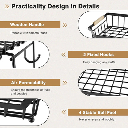 3 Tier Fruit Basket with 2 Banana Hangers for Kitchen Counter | 3-Tier Detachable Design,Metal Wire Construction, Wooden Handle, Large Capacity, Multi-Purpose Organizer,Mesh Basket