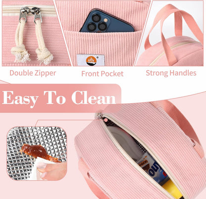 CaCTOUR Lunch Box for Women Girls Teens,Cute Lunch Box Cooler Bag, Portable Insulated Small Lunch Bag Women Reusable Corduroy Lunch Tote for Work/Travel/Picnic/School (Dog Green,Small)
