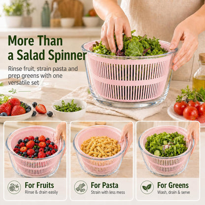 Glass Salad Spinner 3.2 Qt, Small Salad Spinner with Glass Bowl Removable Lid for Easy Cleaning Dishwasher Safe Glass Bowl Vegetable and Fruit Washer Dryer with Drain Spout Crank Handle White