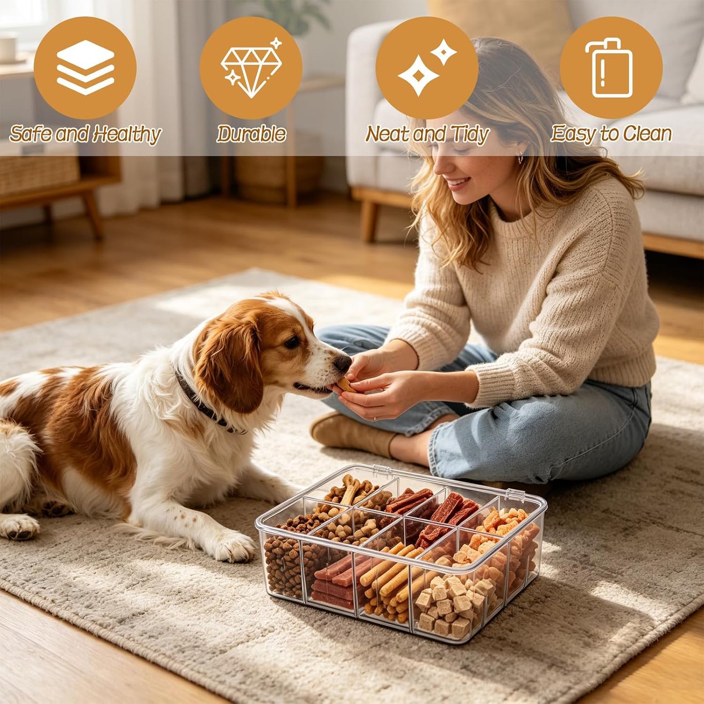 Dog Treat Organizer with Flip Lid, Acrylic Airtight Dog Treat Container, Pet Food Bin with Removable Dividers, Rectangular Dog Cat Treat Bin for Dog Cat Bird and other Pet
