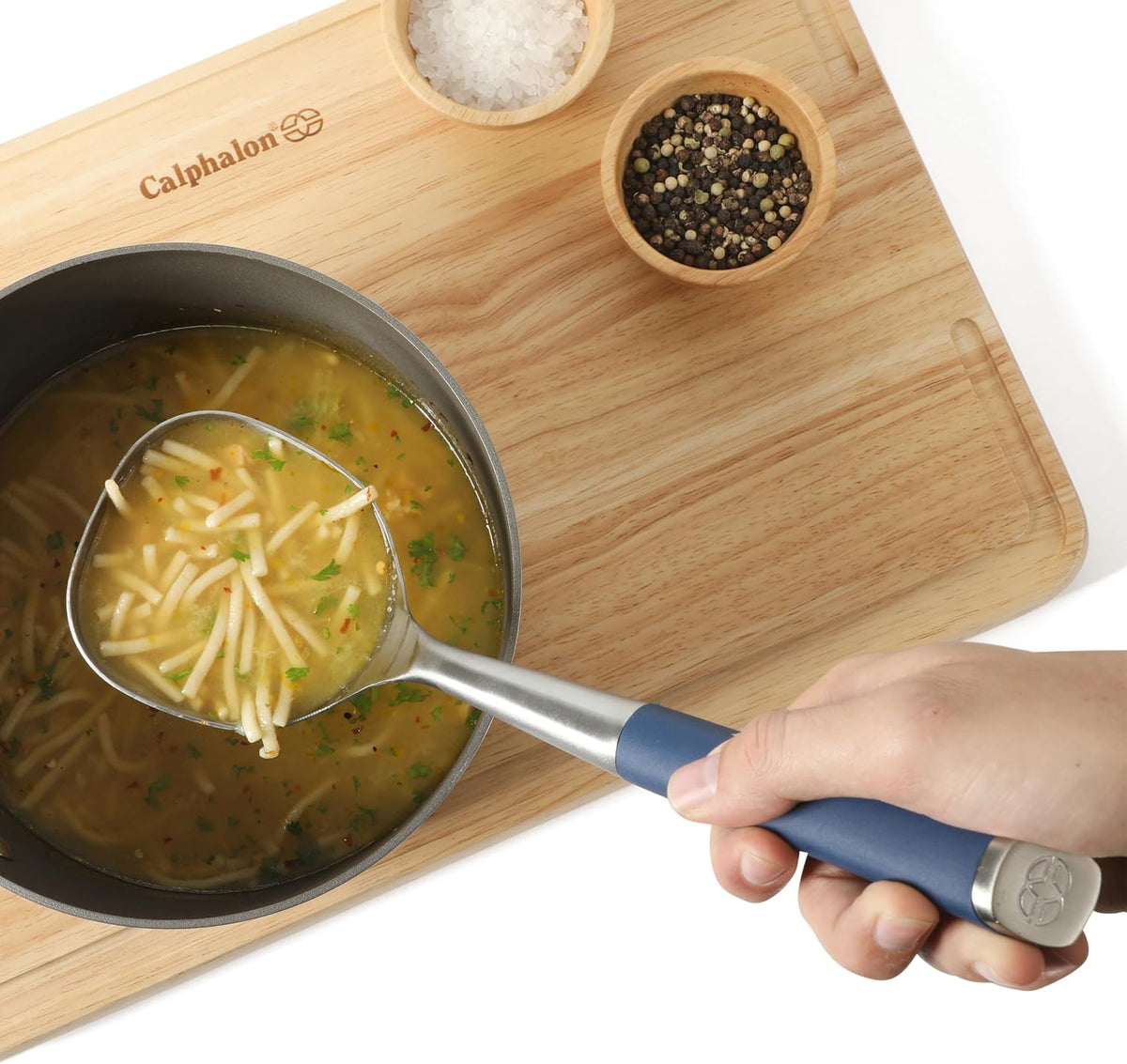 Calphalon Edge Soup Ladle, Stainless Steel Soup Ladle, Serving Ladle with Silicone Handle, Heat-Resistant Nonstick-Safe Kitchen Ladle for Soups, Sauces & Stews, Taupe