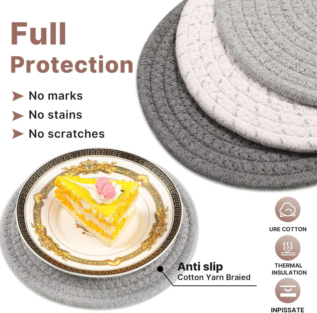 Patelai 7 Pcs Kitchen Pot Holders and Heat Resistant Pocket Mitt with Hanging Loop Washable Square Hot Pot Holder Round Woven Hot Pads for Kitchen Cooking Dinning Baking, Black, White and Gray