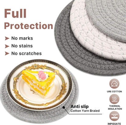 Patelai 7 Pcs Kitchen Pot Holders and Heat Resistant Pocket Mitt with Hanging Loop Washable Square Hot Pot Holder Round Woven Hot Pads for Kitchen Cooking Dinning Baking, Black, White and Gray