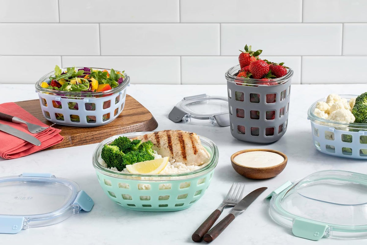 Ello DuraGlass Rounds Glass Food Storage Containers - Meal Prep Bowls with Silicone Sleeve and Airtight Lids, 3 Cup, Gray
