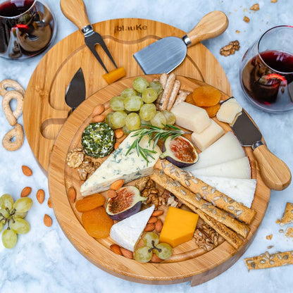 Bamboo Cheese Board and Knife Set – 14 inch Round Charcuterie Board, Serving Tray, Platter, Wood Cheeseboard Set with Slide-Out Drawer – BlauKe®