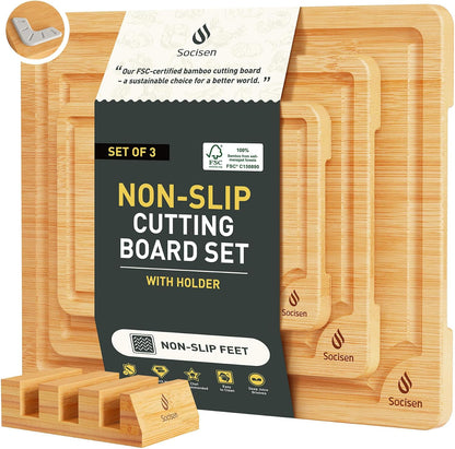 3 Packs Bamboo Cutting Board Set with Non Slip Feet Holder and Over Sink Nice Solid Thick Wood Juice Groove Chopping Board Extra Large Big Small Best Hardwood Kitchen Organic Vegetable Meat BBQ Kit