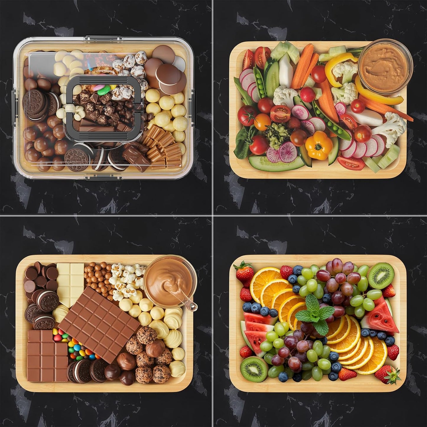 SpaceAid Charcuterie Board with Clear Lid, Portable Travel Cheese Cutting Boards for Picnic Accessories, Bamboo Serving Tray with Lids, House Warming Gifts, Black Handles, 8 Compartments