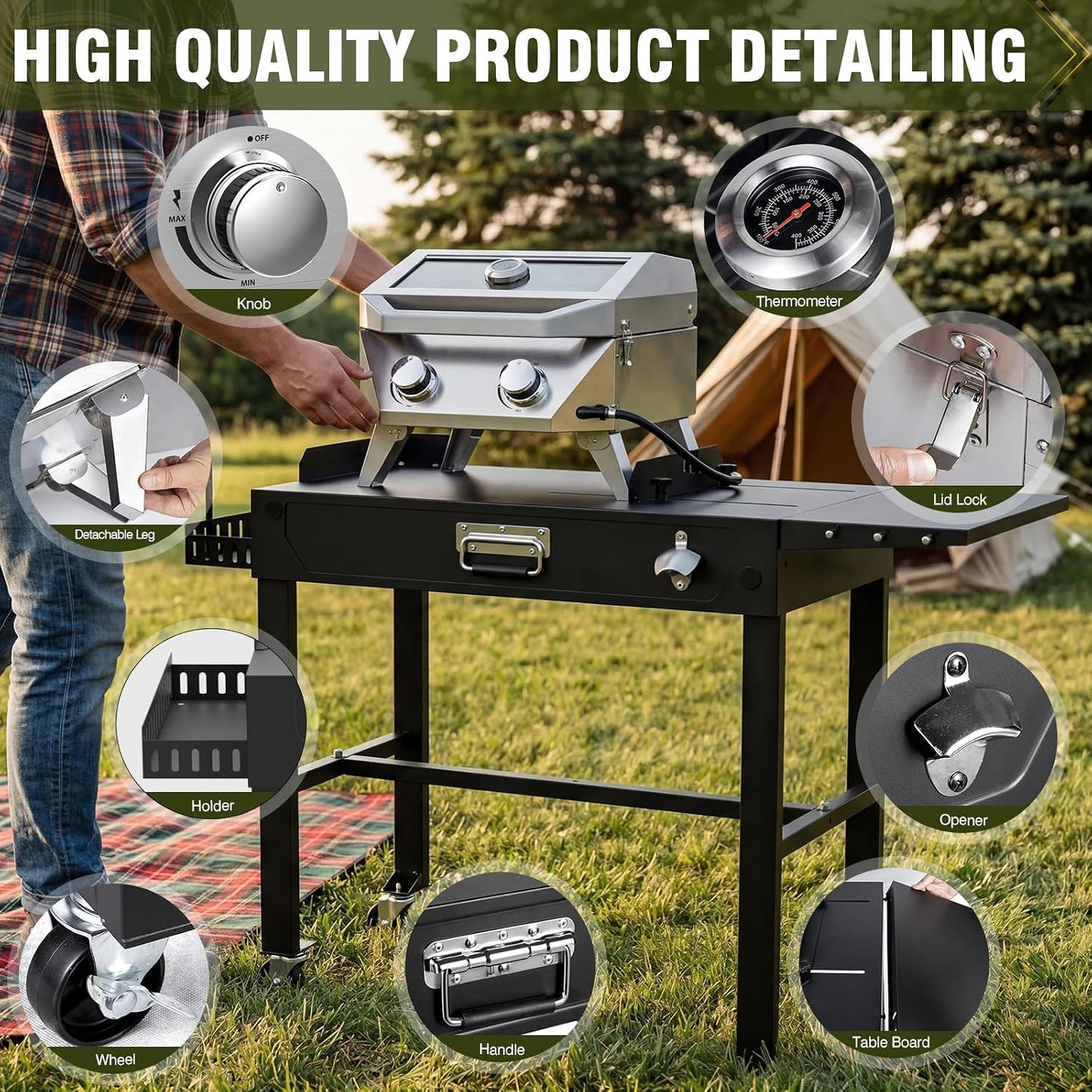 BESTFIRE 2-Burner Tabletop Propane Grill with Foldable Grill Cart, Portable Gas BBQ Station with Wheels & Prep Table, Dual-Fuel Setup for 1lb & 20lb Tanks, Stainless Steel Outdoor Kitchen for Camping
