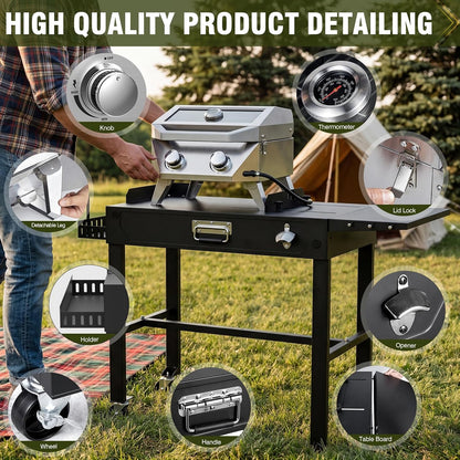 BESTFIRE 2-Burner Tabletop Propane Grill with Foldable Grill Cart, Portable Gas BBQ Station with Wheels & Prep Table, Dual-Fuel Setup for 1lb & 20lb Tanks, Stainless Steel Outdoor Kitchen for Camping