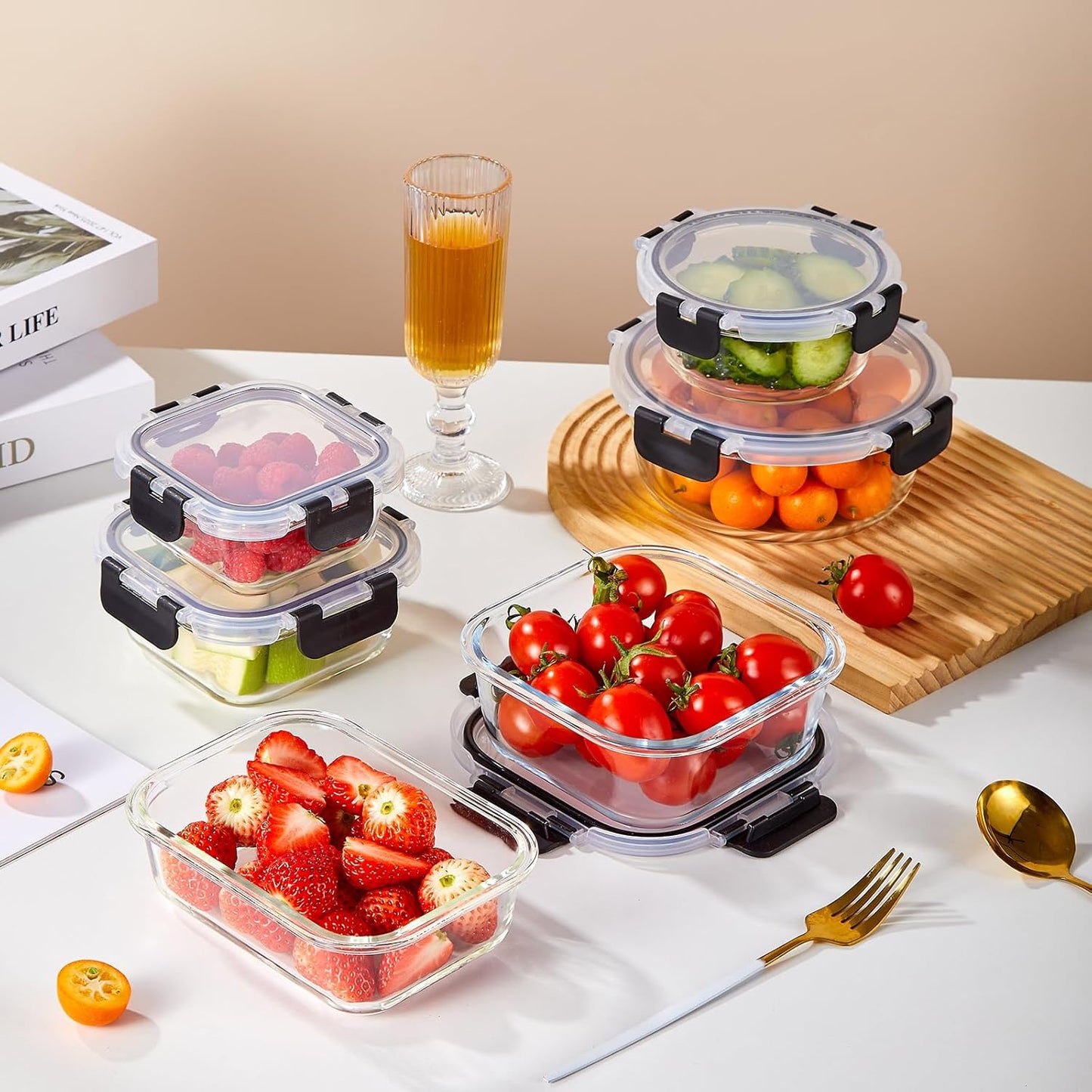 Liuruiyu 8 Pack 36OZ Glass Food Storage Containers with Lids, Meal Prep Containers, Airtight Bento Boxes with Leak Proof Locking for Microwave, Oven, Freezer and Dishwasher, BPA Free