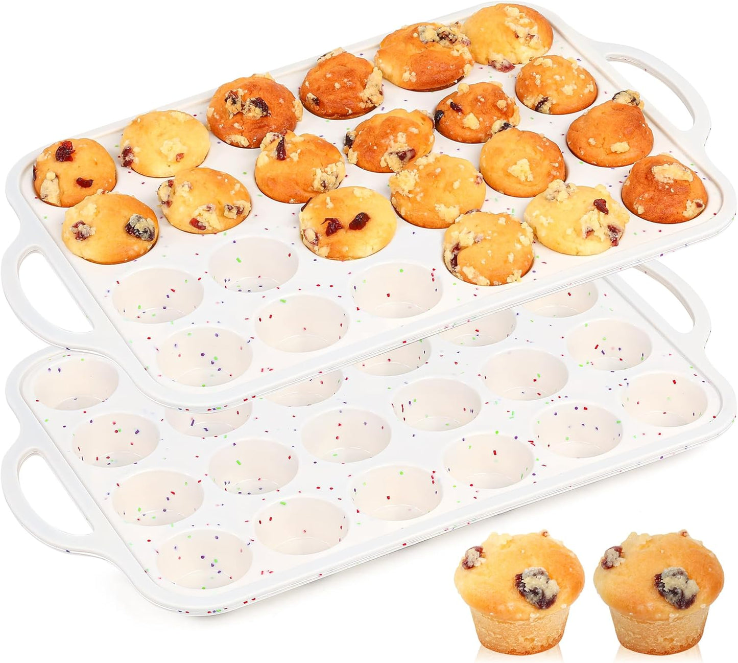 Regular 12 Cup and Mini 24 Cup Nonstick Cupcake Pan Set Silicone Muffin Pan for Baking Silicone Cupcake Mold with Metal Reinforced Frame BPA Free (2 Pcs, Cream)