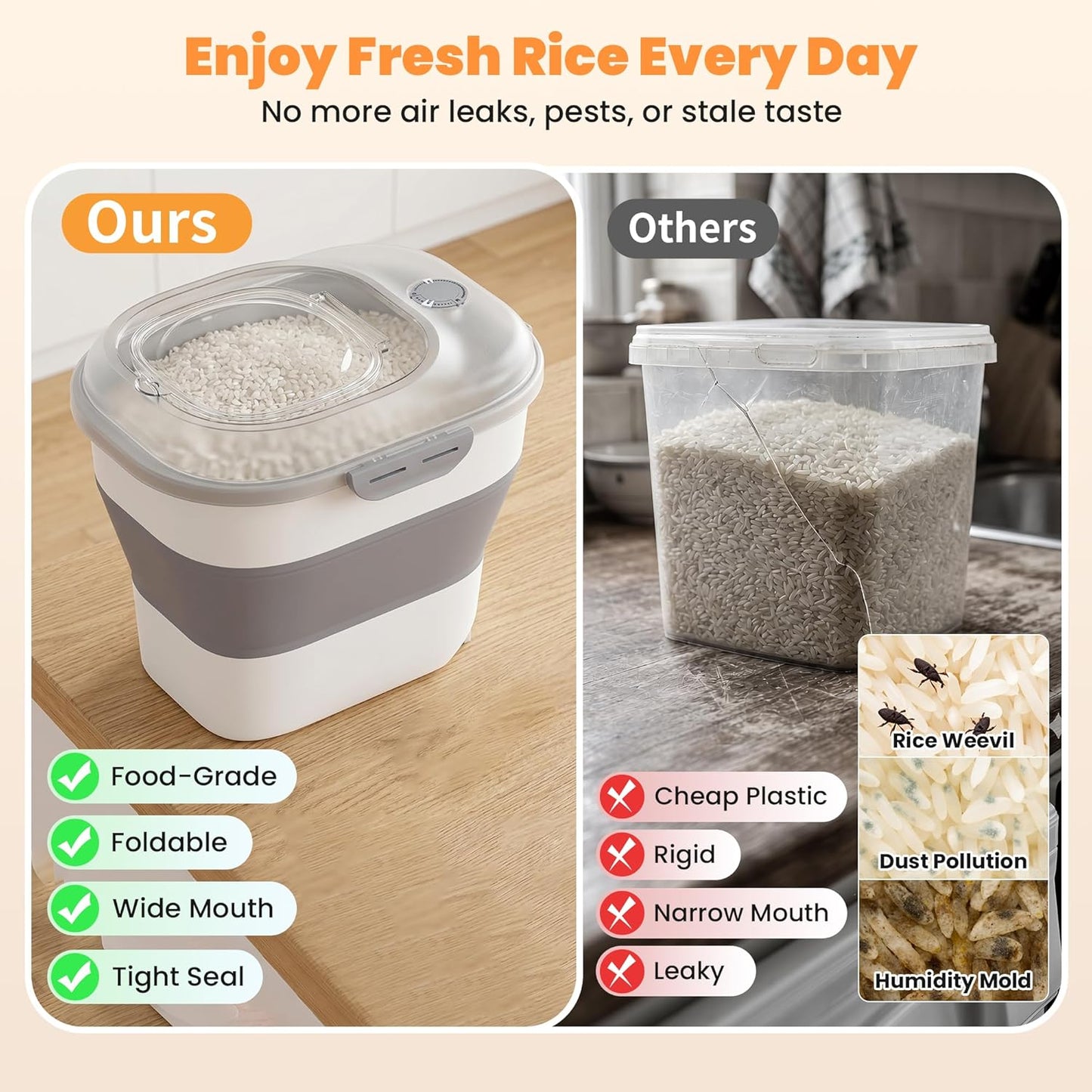 50 Lbs Rice Storage Container with Wheels, Collapsible Airtight Rice Holder with Transparent Lid, Measuring Cup, Scoop, Handle, BPA Free Food Storage Container for Pet Food, Grain, Bird Seed