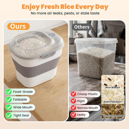 50 Lbs Rice Storage Container with Wheels, Collapsible Airtight Rice Holder with Transparent Lid, Measuring Cup, Scoop, Handle, BPA Free Food Storage Container for Pet Food, Grain, Bird Seed