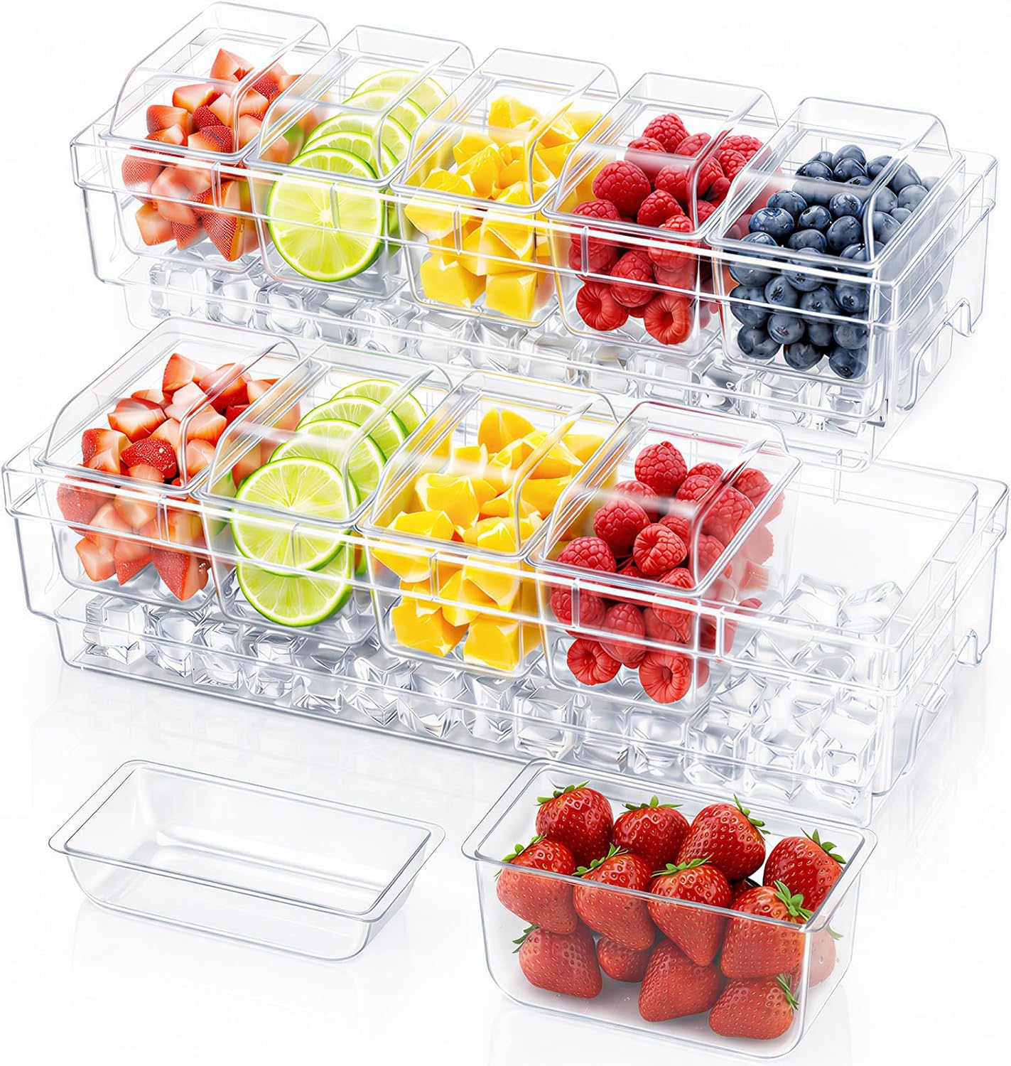 Lifewit Chilled Condiment Containers with Lids 2 Pcs, Plastic Taco Bar Serving Set for Party with 5 Containers, Ice Garnish Tray for Mimosa Bar Supplies, Clear Serving Platter for Fruit, Salad, Snack