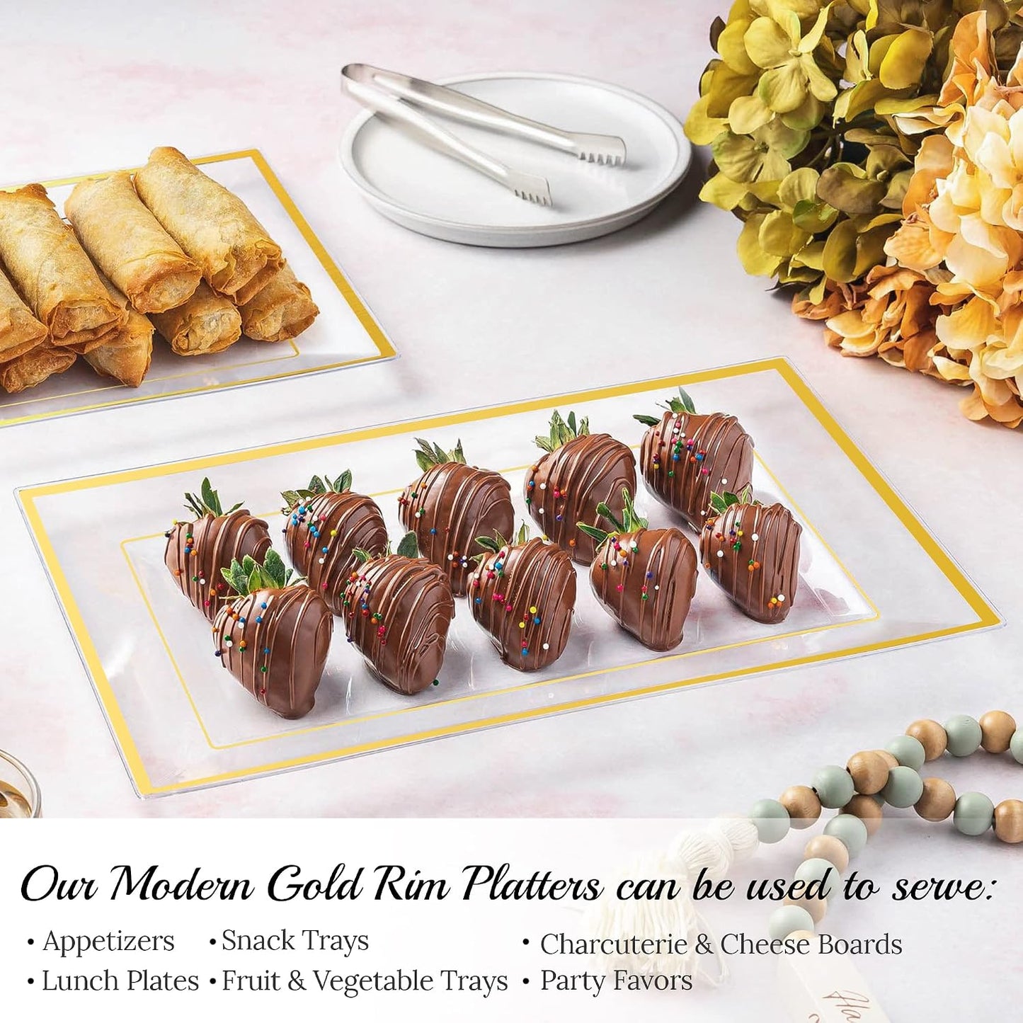 Elegant Plastic Serving Tray & Platter Set (6pk) - White & Gold Rim Disposable Serving Trays & Platters for Food - Weddings, Upscale Parties, Dessert Table, Cupcakes - 8 x 12.85 inches
