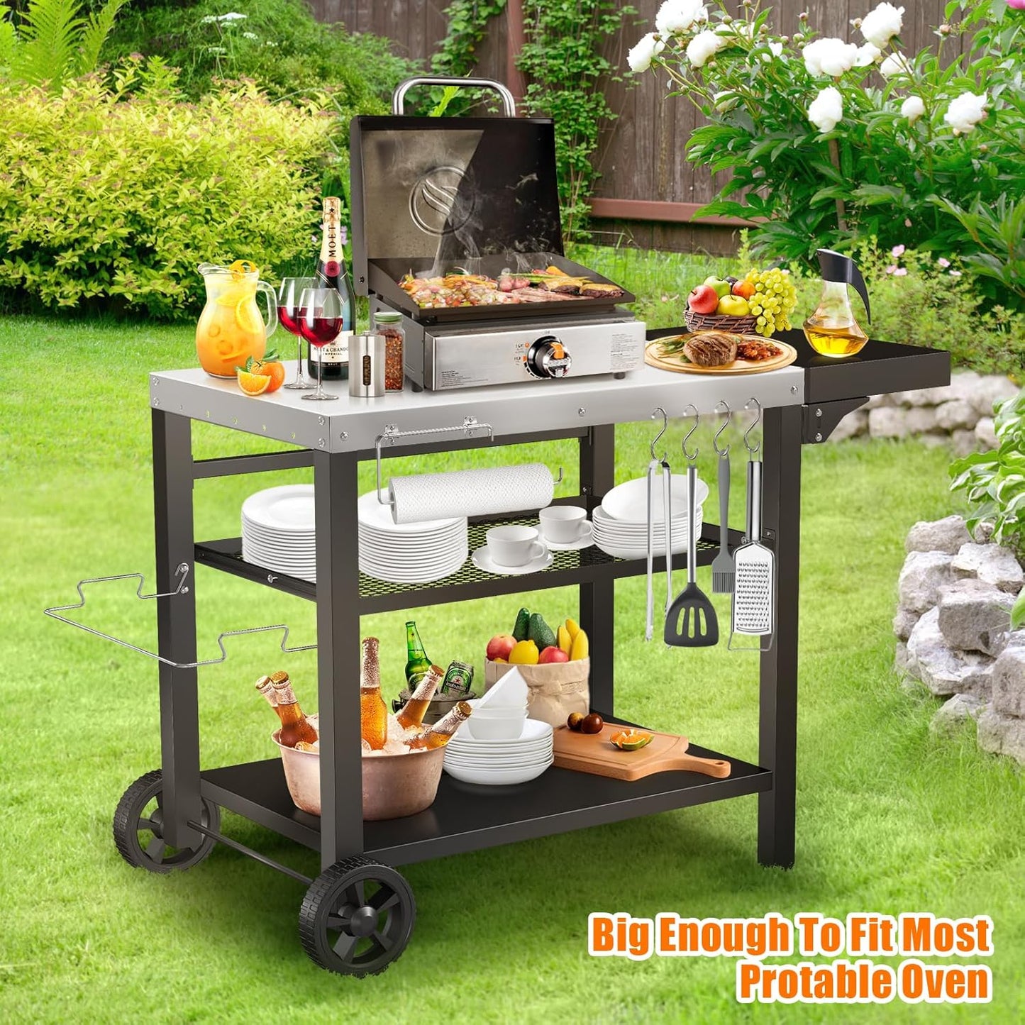 Outdoor Pizza Oven Table for Ninja Woodfire, Blackstone Tabletop Grill, Portable Grill Cart & Food Prep Work Table, Movable Pizza Oven Cart for Backyard BBQ and Patio Parties